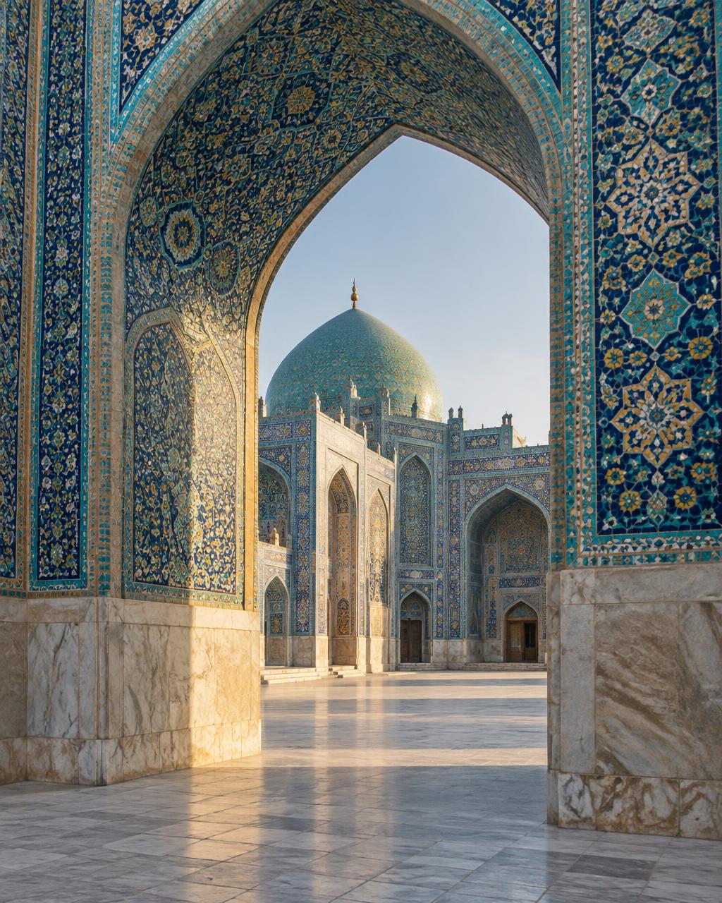 Afghan-inspired turquoise mosaic arches and traditional architecture